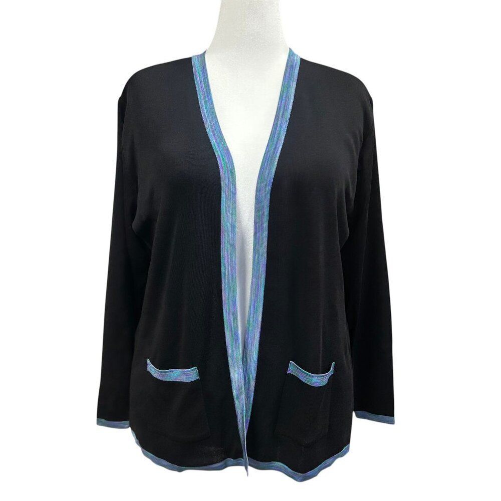 Exclusively Misook Black Blue Trim Open Front Cardigan Womens Sz XL